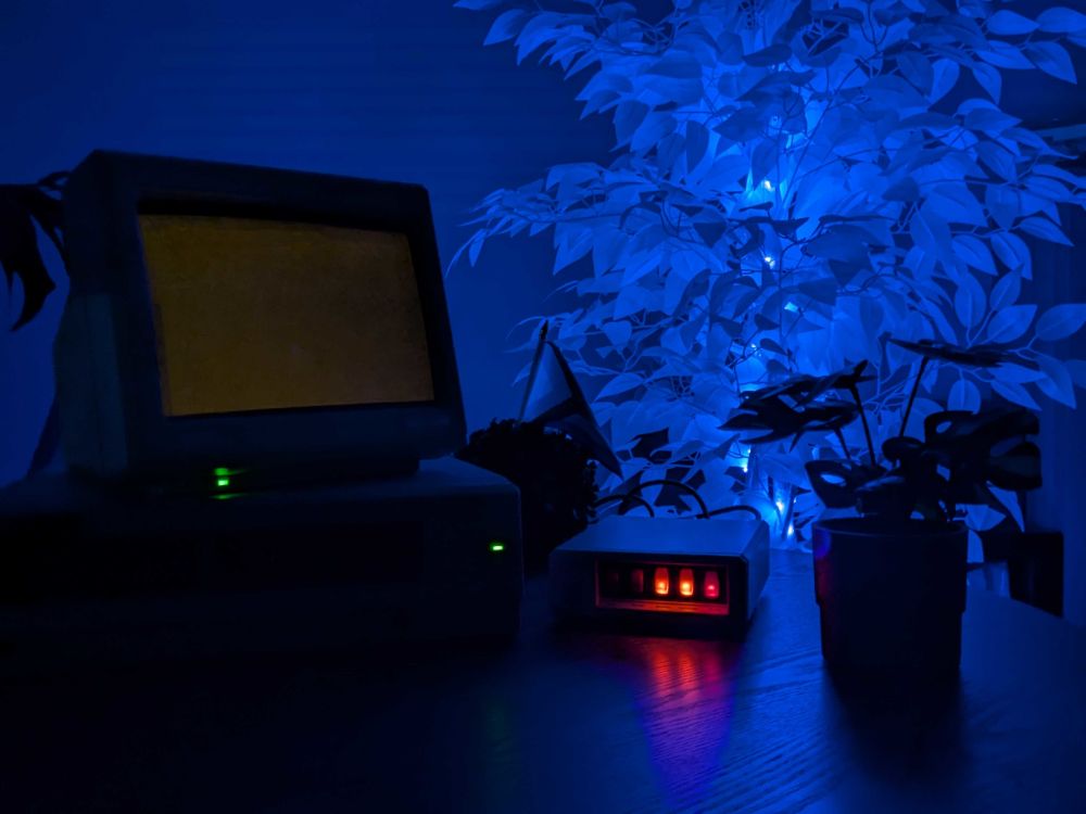 Largely in silhouette, a vintage computer is set up on a table in a dark room lit by a blue tree. The small CRT glows a faint amber color, and rectangular LEDs on both the monitor and the PC chassis glow green. Next to the PC is a power switch box with several switches illuminated from within by red and orange LEDs. A silhouette of a small plant sits on the table next to the switchbox, and a progress pride flag can be made out behind the switchbox and PC.