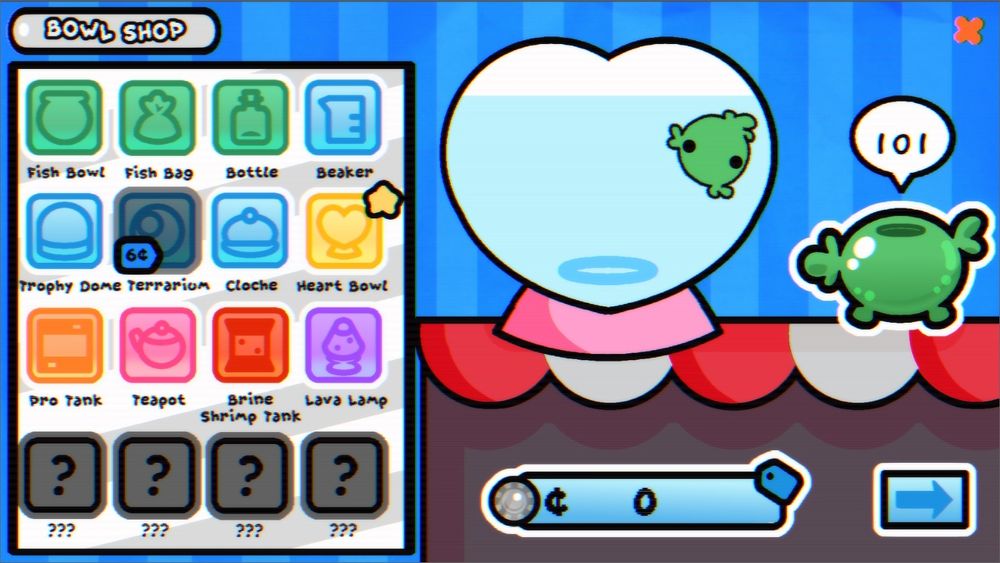An in-game screenshot showcasing different fish bowl shapes for marimo moss pets. Colorful buttons fill a menu for selecting each bowl type.