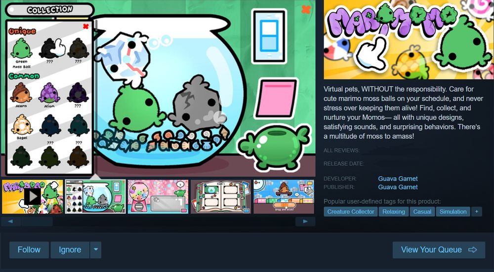 The official Steam page for Marimomo, a virtual pet creature collector for marimo moss balls.