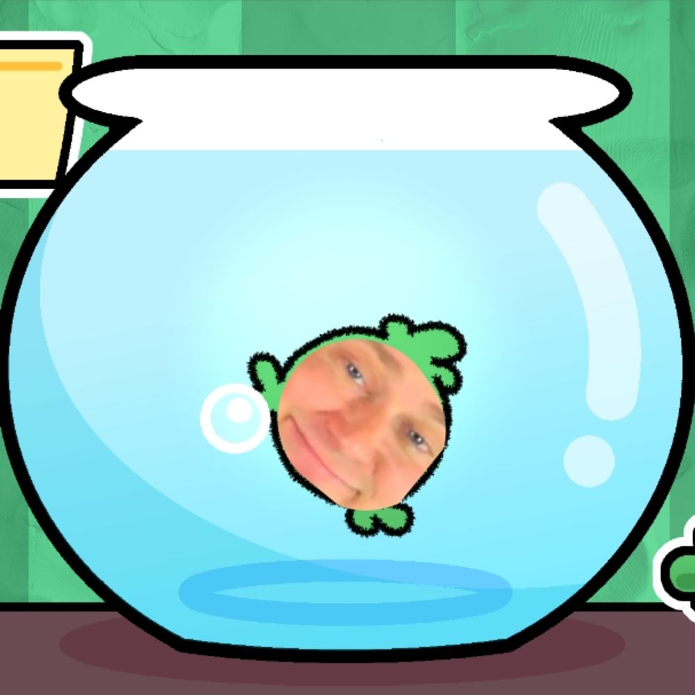 A ball of moss floating in a fishbowl with a human face. He's on the verge of telling you about free real estate.