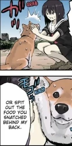 Bratty antisocial 14 year old girl slaps hers loyal shiba inu. She treats him badly and rudely the whole manga, that's that joke beside weird stuff.