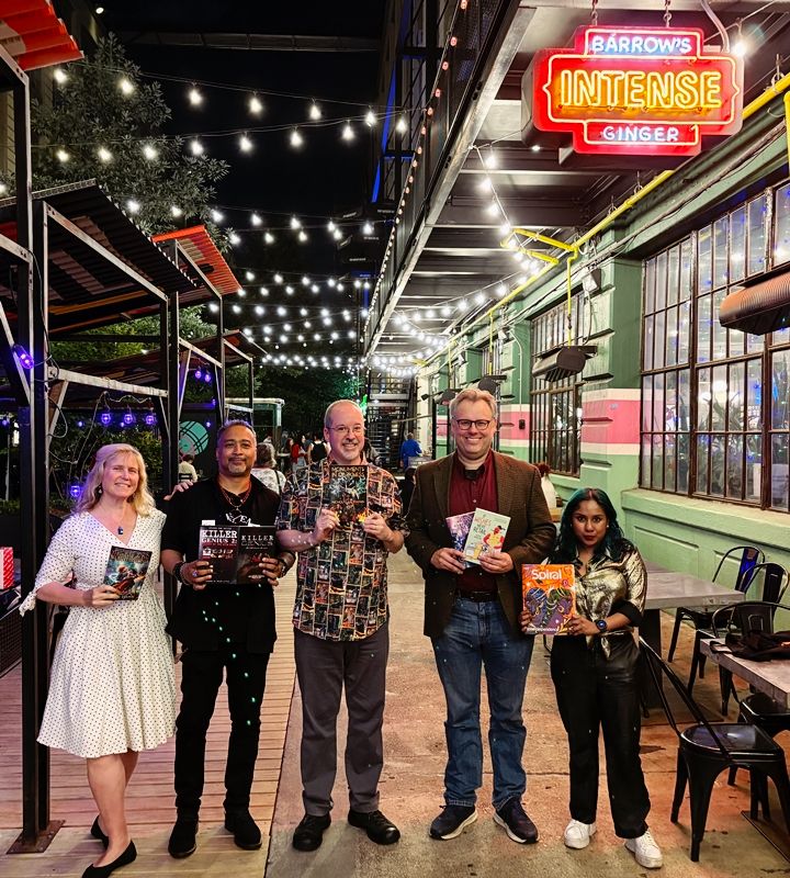 Group photo of four authors (plus host Randee Dawn) outside Barrow's Intense. We are all holding up our most recent publications.
