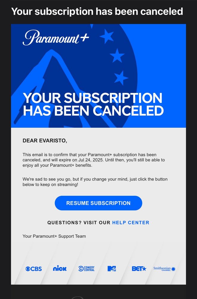 Email notification confirming cancellation of Paramount+ subscription.