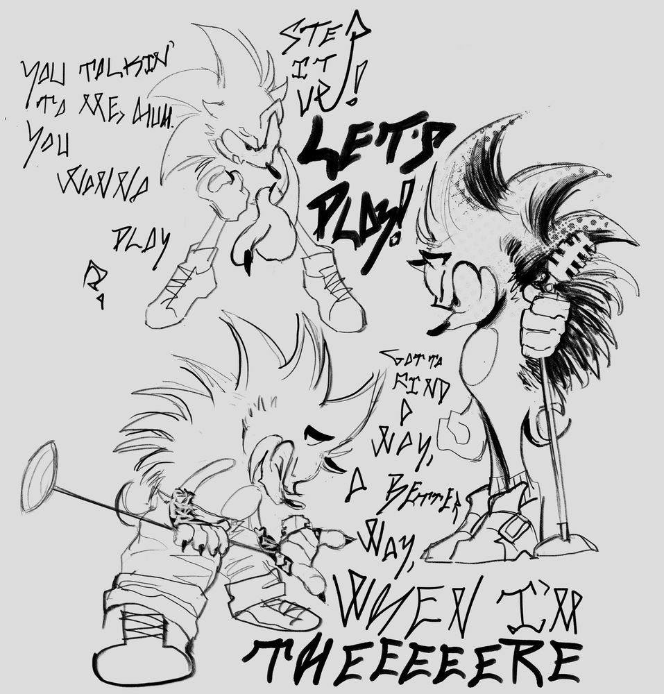 Doodles for practice of my grungy, nineties graffiti inspired design of Sonic The Hedgehog, called 'SONIC MONSOON', singing and posing with an attitude like always. The top drawing, which looks especially peeved off, is saying "You talkin' to me, huh? You wanna play? Step it up! Let's play!" while the bottom sketch, holding a microphone, sings the lyrics to Nirvana's Territorial Pissings