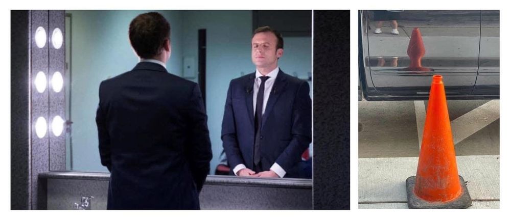 Deux cônes devant un miroir. L'un renvoie l'image d'Emmanuel Macron, l'autre d'un plus anal.