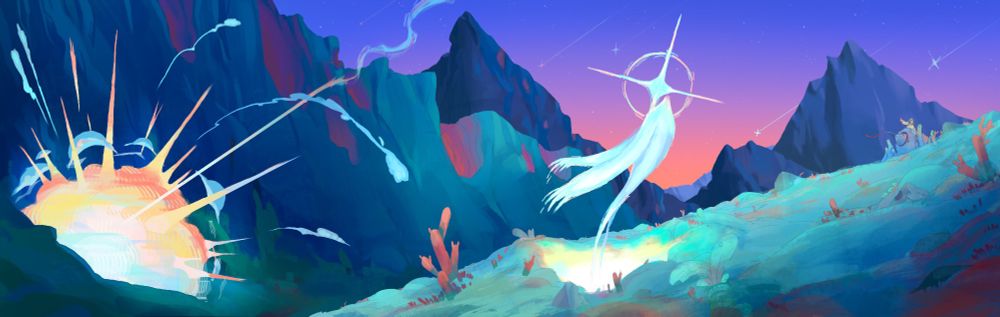 A ghostly figures hovers above the ground on an incline. a meteor strikes an alien landscape in the background