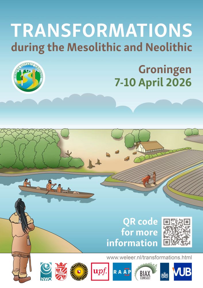 Poster for 7-10 april 2026 Groningen conference “Transformations during the Mesolithic and Neolithic” including QR code for website www.weleer.nl/transformations.html