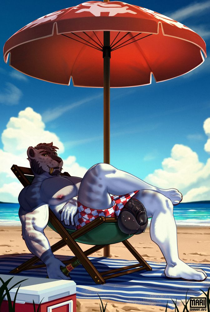 Furry cat character at the beach reclining in a beach chair under an umbrella with their huge balls and cock hanging out of their shorts.