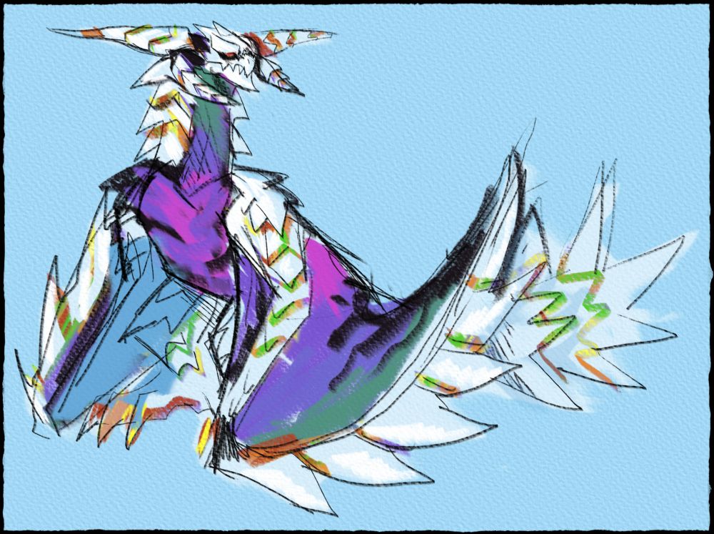 A digital drawing of a Rey Dau with white scales and colorful rainbow stripes on its body. Its wings are coloured with a similar gradient. The wyvern is sitting in a pose similar to the in-game idle poses, its head raised high and its wings resting on the ground.