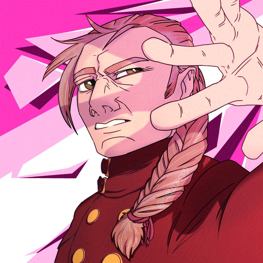 Art: Theodore Malgrave, a 49-year old human fighter, blocks harsh pink light with his hand. He is wearing a deep red jacket and has long, greying blond hair in a braid over his shoulder, tied with a pink ribbon.