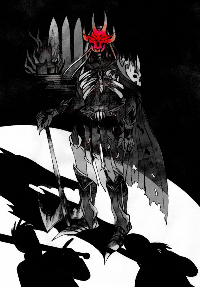 Thyrme et Argyros, dont on voit les ombres, arrivent devant leur némésis, un grand guerrier squelette équipé d'une labrys (hache à double tranchant). L'image est en noir et blanc.