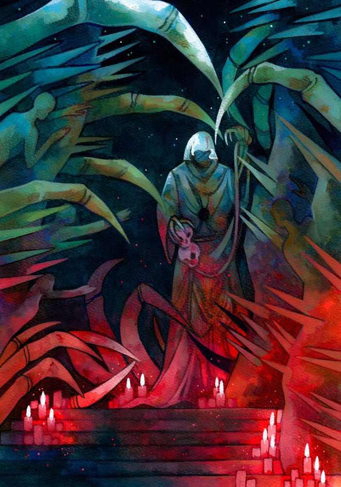 Une peinture principalement réalisée à l'aquarelle et à la gouache représentant l'autel de Sithis tel qu'on peut le voir dans le jeu vidéo The Elder Scrolls : Oblivion. Il s'agit d'une mystérieuse silhouette encapuchonnée, tenant des crânes. Autour, des figures implorantes en haut relief dans la pierre, ainsi que des pics et des mandibules pétrifiées. Des bougies éclairent la scène d'une lueur écarlate. Les principales couleurs utilisées sont le bleu pétrole, le rouge et le vert pâle. 
