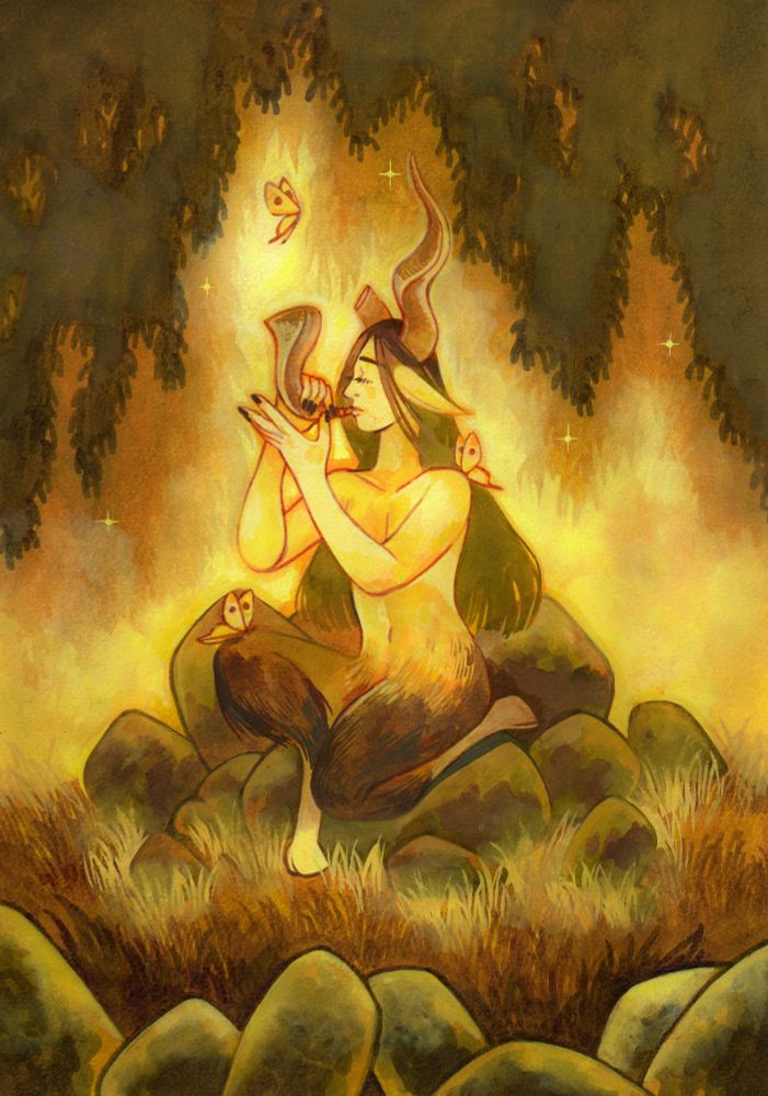 Une peinture principalement réalisée à l'aquarelle et à la gouche représentant un satyre jouant une chanson en soufflant dans sa corne brisée, assis au milieu d'un tas de pierres, dans les bois. La principale couleur utilisée est le jaune, réhaussée de kaki et d'ocre. 