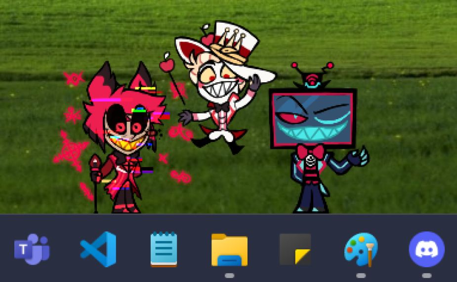 A picture of shimejis (or desktop buddies) of three Hazbin Hotel characters: Alastor, Lucifer Morningstar and Vox. Alastor is being an edgelord, Lucifer is suspended in the air, and Vox is trying hard to be cool.