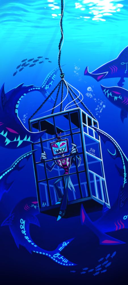 vox surrounded by 6 sharks and some fishies blub blub blub