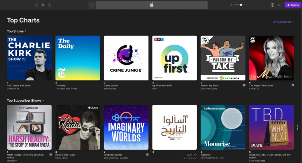 Apple Podcast listing showing the top shows, with Charlie Kirk at #1.