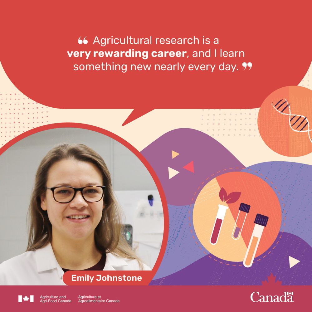 A women standing in a laboratory with various lab equipment behind them with a quote bubble that says, “Agricultural research is a very rewarding career, and I learn something new nearly every day.”