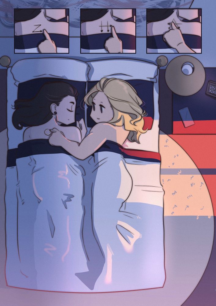 Chibi fanart- a darkened room, looking down on a scene. Lena on the left, laying under a sheet in bed with the top of her back and shoulders exposed. She is on her stomach, sleeping facing Kara, and Kara laying on her side, facing Lena. Kara is tracing letters on Lena's back with her left pointer finger. There are 3 smaller images along the top that show the letters being drawn: Z, H, A. Then O in the main image. Zhao is Kryptonian for Love.