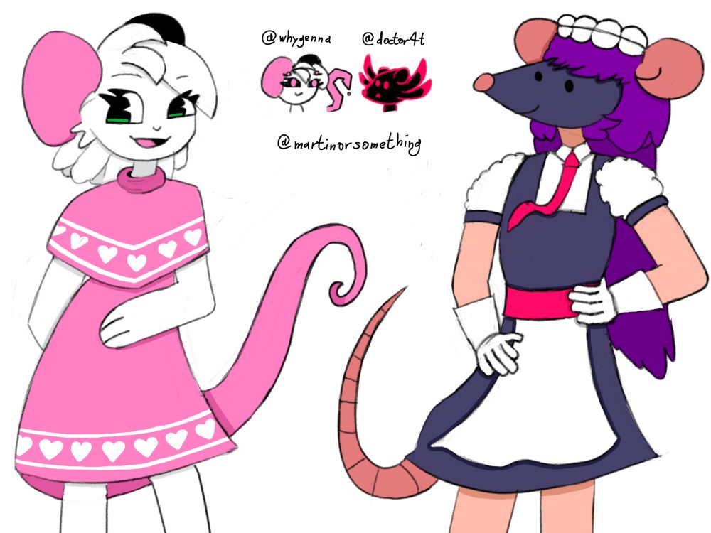 Left: Reggie by Whygena
Right: Doctor4t's rat character
Center: Doodles of Reggie's Succubus form and of Doctor4t's Inkling form