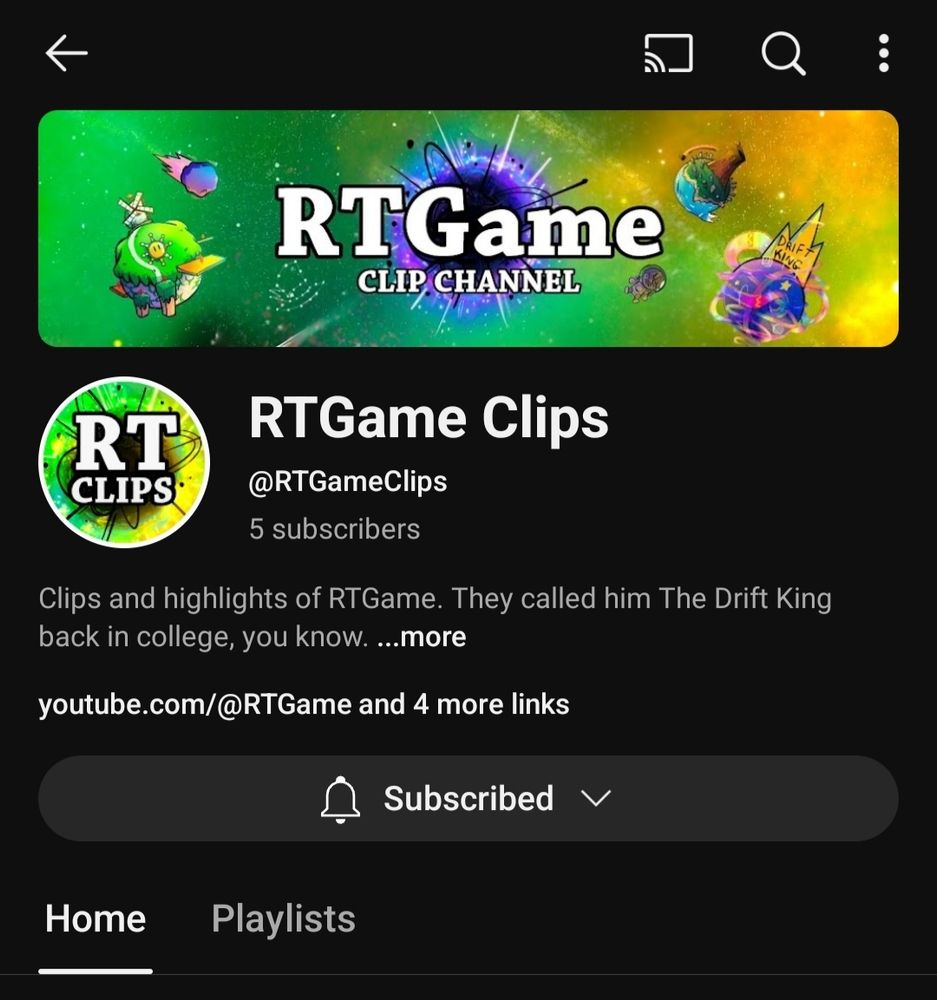 A screenshot of the RTGame Clips YouTube channel - from the 8th of March 2025 - when it only had 5 subscribers (me being one of them).