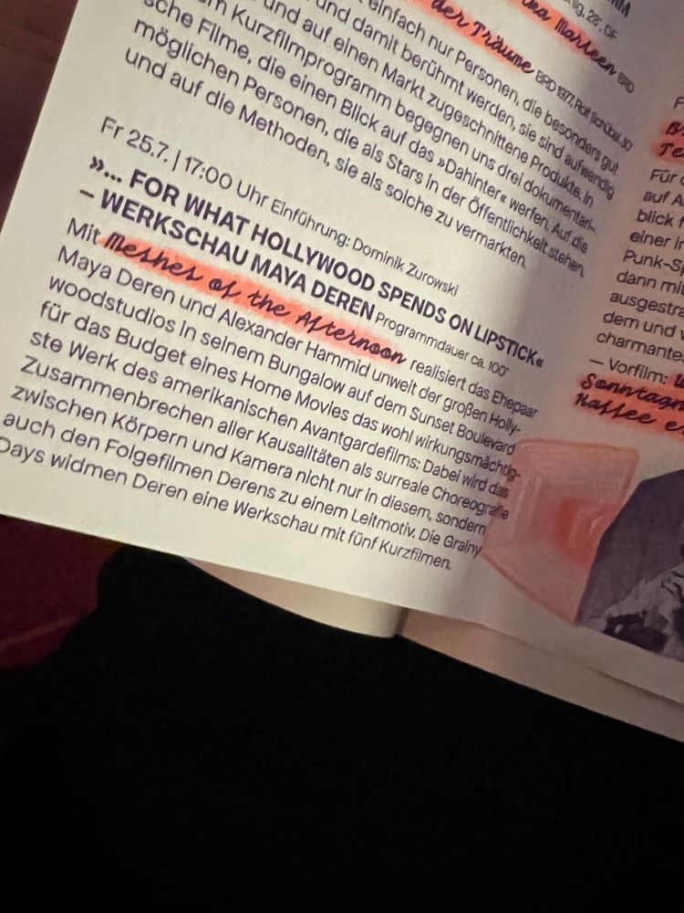 Description of a movie screening in a pamphlet. The screening is of Maya Deren and Alexander Hamid’s films.