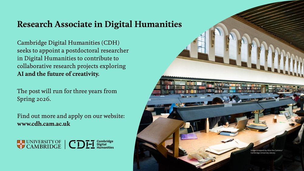 Job poster with photograph of Cambridge University Library reading rooms.