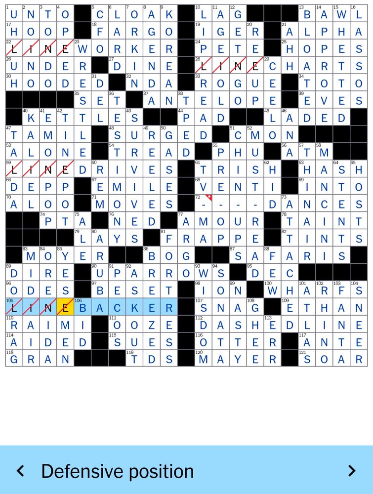 NYT Sunday crossword puzzle where "LINE" is marked as wrong because they wanted "----" in its place.