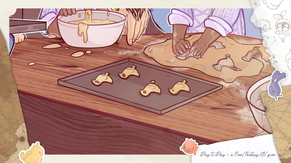 Preview snippet of an art piece which shows a flour covered wooden table, with a tray of unbaked oddly shaped chocobo chick cookies with small flour covered hands in the back using a cookie cutter to cut out more. 