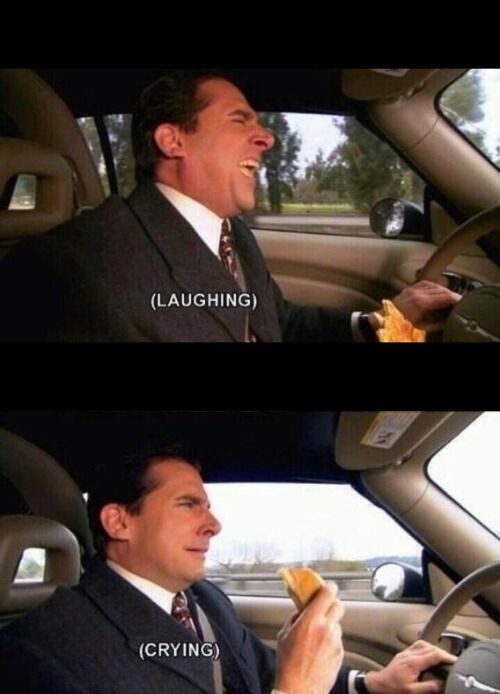 Two pictures of Michael from the US Office driving in the car. The first picture is of him laughing. The second picture is of him crying.