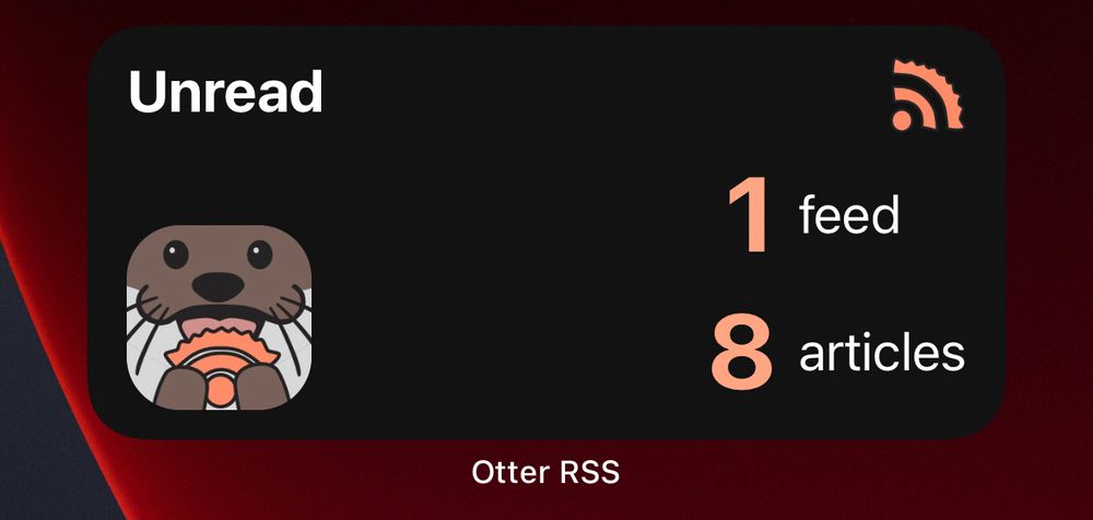 Screenshot of the Otter RSS app widget, showing the app icon of an otter eating an RSS logo, and statistics showing unread feeds and unread articles.
