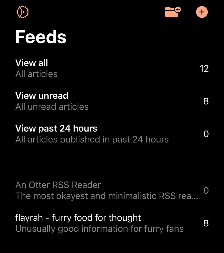 Screenshot of the Otter RSS app dashboard, showing the feeds for Otter RSS’ blog and flayrah - furry food for thought.