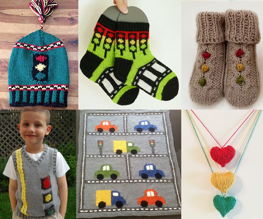  Collage of knitting projects: Traffic Signal Hat
 featuring a traffic light, racing checks, and corrugated ribbing that looks like roads. Designed by Caty Bach. Traffic socks with traffic lights on the cuffs and a crosswalk on the instep.  Designed by Melisa Rintala. Traffic light baby socks cable and bobble design inspired by traffic lights. Designed by wooloks.
Vroom Vest by Valerie Beard shows a boy wearing a street inspired vest with a double-yellow cable stripe, traffic signal pockets, and tire track ribbing.  Car Blanket by Amy Bahrt shows rows of colorful cards and trucks driving down streets with traffic lights. Traffic Light Hearts by knitvana shows three hearts hanging from cords red, yellow, and green. 