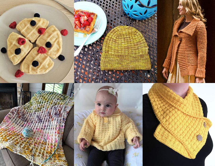 Collage of knitting projects: Waffle Toy with round knit waffle in wedges with knit raspberries and blueberries. Designed by Mou Mou Knits. Free Breakfast Hat knit with a 4 round repeat waffle stitch. Designed by Emily Philp. Mayer Cardigan shows woman wearing a jacket with a wide shawl collar knit with a 4 row repeat waffle textured stitch. Designed by Norah Gaughan. Waffle Stitch Throw shows a blanket in various colors of yarn knit with a 4 row repeat. Designed by Vanessa Ewing. Waffle Knit Baby Polo Sweater shows a baby wearing a yellow pullover. Designed by Plymouth Yarn. Waffle Neck Warmer is a yellow buttoned scarf in waffle stitch inspired by Eleven’s love for Eggo waffles in Stranger Things. Designed by Kristen McDonnell