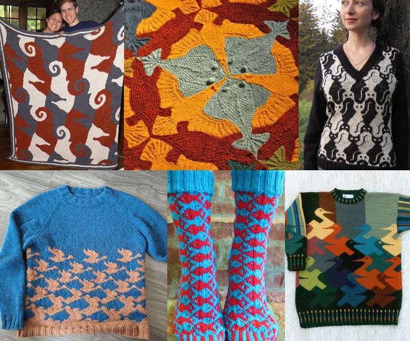 Collage of knitting projects: Two people holding a knit blanket of tessellated seahorses. A closeup detail of On the Shore Blanket
inspired by Escher's art of interlocking tortoises, ducks, and fish. Woman wearing a sweater of tessellated cats in black and white. A sweater inspired by M. C. Escher’s woodcut Sky and Water I of fish morphing into birds. One Fish, Two Fish Socks with a tessellating fish pattern in blue and red. Sweater of interlocking graphic ducks in various colors.