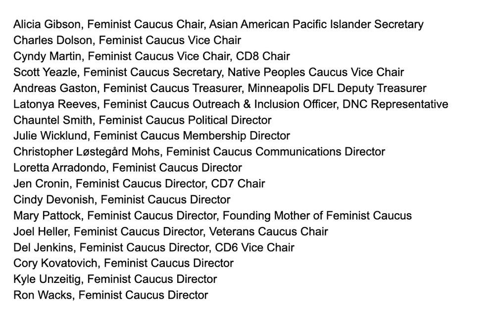 Alicia Gibson, Feminist Caucus Chair, Asian American Pacific Islander Secretary
Charles Dolson, Feminist Caucus Vice Chair
Cyndy Martin, Feminist Caucus Vice Chair, CD8 Chair
Scott Yeazle, Feminist Caucus Secretary, Native Peoples Caucus Vice Chair
Andreas Gaston, Feminist Caucus Treasurer, Minneapolis DFL Deputy Treasurer
Latonya Reeves, Feminist Caucus Outreach & Inclusion Officer, DNC Representative
Chauntel Smith, Feminist Caucus Political Director
Julie Wicklund, Feminist Caucus Membership Director
Christopher Løstegård Mohs, Feminist Caucus Communications Director
Loretta Arradondo, Feminist Caucus Director
Jen Cronin, Feminist Caucus Director, CD7 Chair
Cindy Devonish, Feminist Caucus Director
Mary Pattock, Feminist Caucus Director, Founding Mother of Feminist Caucus
Joel Heller, Feminist Caucus Director, Veterans Caucus Chair
Del Jenkins, Feminist Caucus Director, CD6 Vice Chair
Cory Kovatovich, Feminist Caucus Director
Kyle Unzeitig, Feminist Caucus Director
Ron Wacks, Feminist Caucus Director