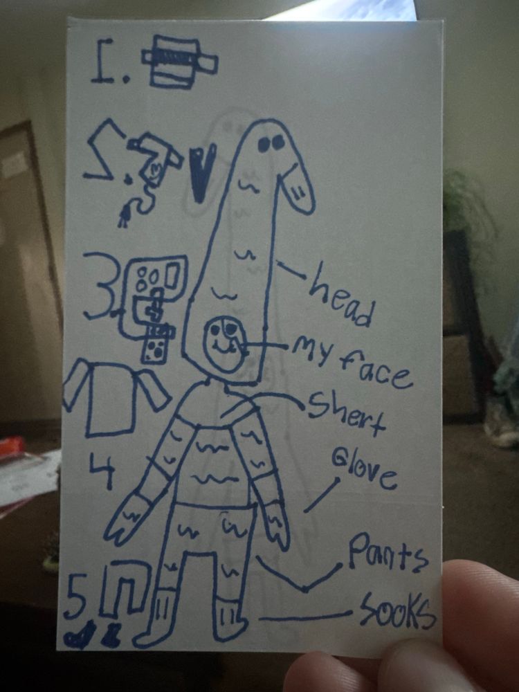 A child’s drawing featuring a girl in a goose costume. The headpiece is a large goose head and neck extended above her with her face peeking out at the bottom.