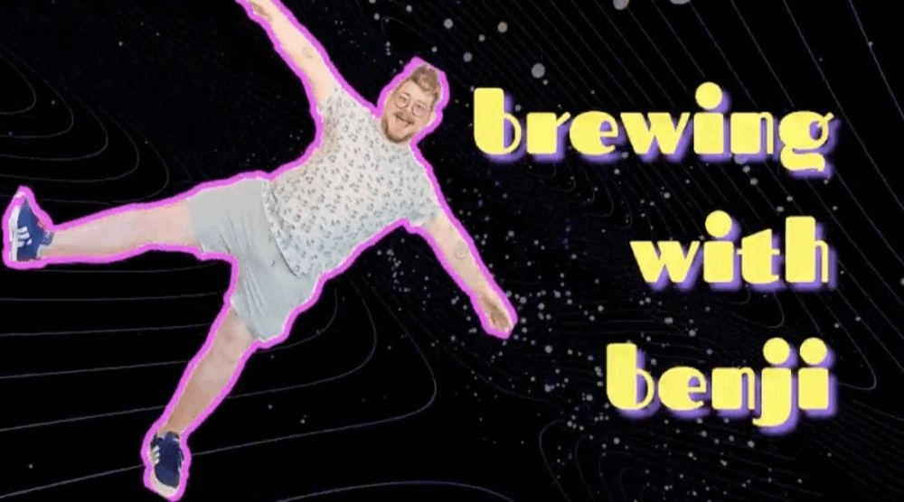A guy floats on a galactic background. The words 'brewing with benji' are on the right. 