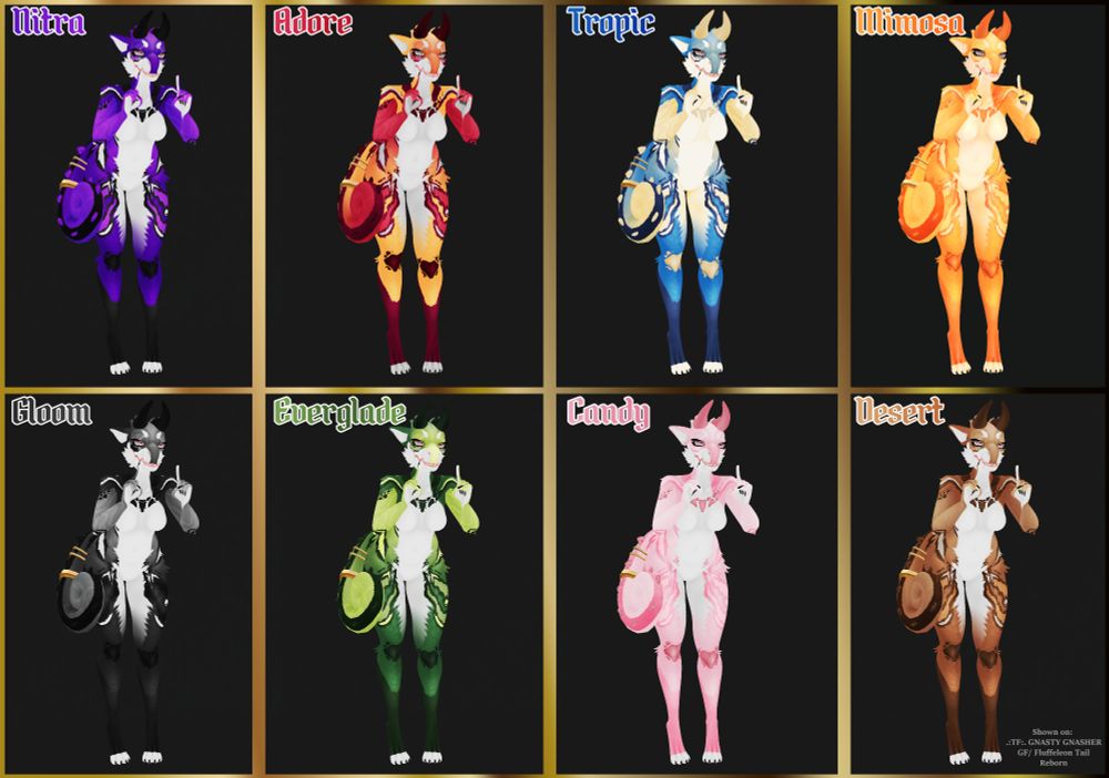 Boxed 8 colorful fluffy chameleon anthros in purple, red and orange, blue and yellow, orange, grey, green, pink and brown in that order top to bottom, left to right!