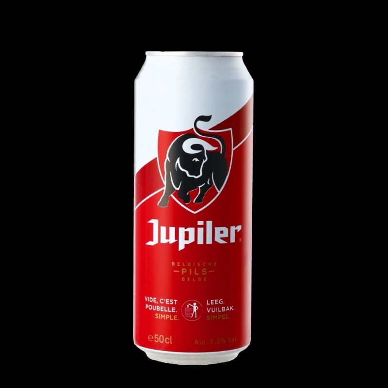 A 50cl can of Jupiler Belgian beer. It is white and red, with a logo of a black bull emblazoned on a shield.