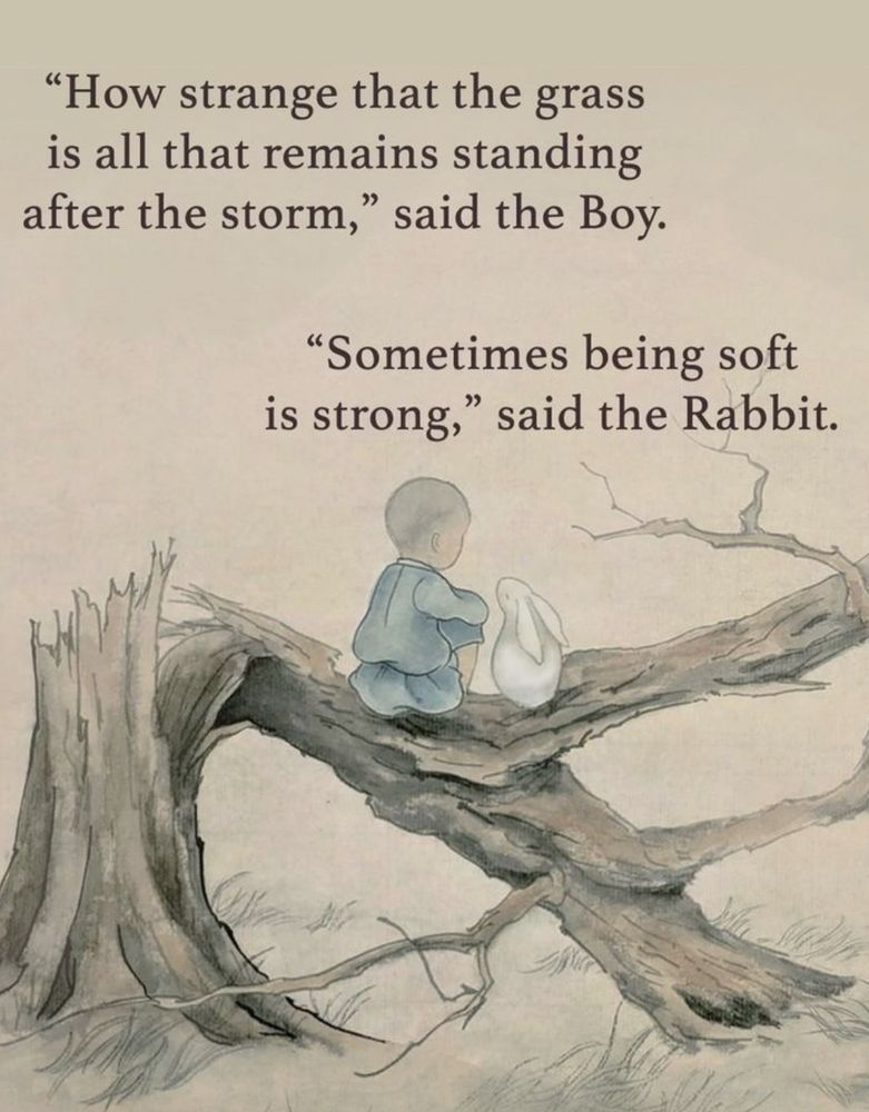 This is an image of a young boy and a rabbit sitting on the stump of a tree that was felled by a storm. 

The boy ponders aloud: “How strange that the grass is all that remains after the storm.” 

The rabbit replies: “Sometimes being soft is strong.”