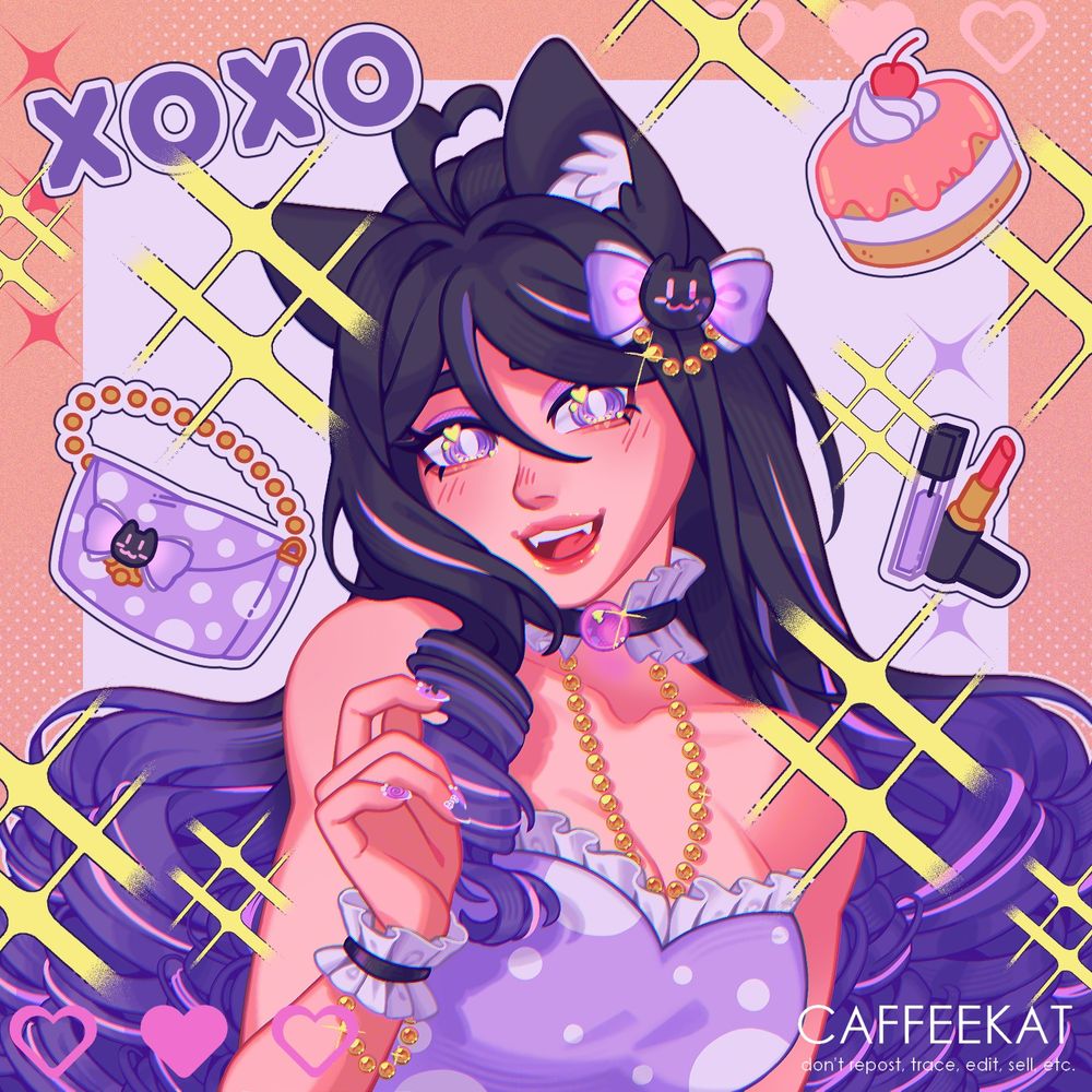Digital bust illustration of Poppy, @supnovagy oc. She is a cat woman with rosy light skin, long curly black to vibrant purple ombre hair with multiple light pink and vibrant purple strands, she has a pair of cat ears the same color as her hair. Her eyes are lilac and pink with a swirl on them. She is wearing a lilac strapless sweetheart dress with white dots and ruffle details. On her neck is a black choker with a pink gem, white ruffles and golden pearls, she has the same kind of acessorie in her wrists, and on the left side of her hair she wears a lilac and white ribbon with a black cat detail. She's on a light pink background, looking at the viewer with a cheery smile, showing off her little fangs, with her right hand raised daintly. Around her are sparkles, a strawberry cake, her purse, the word 