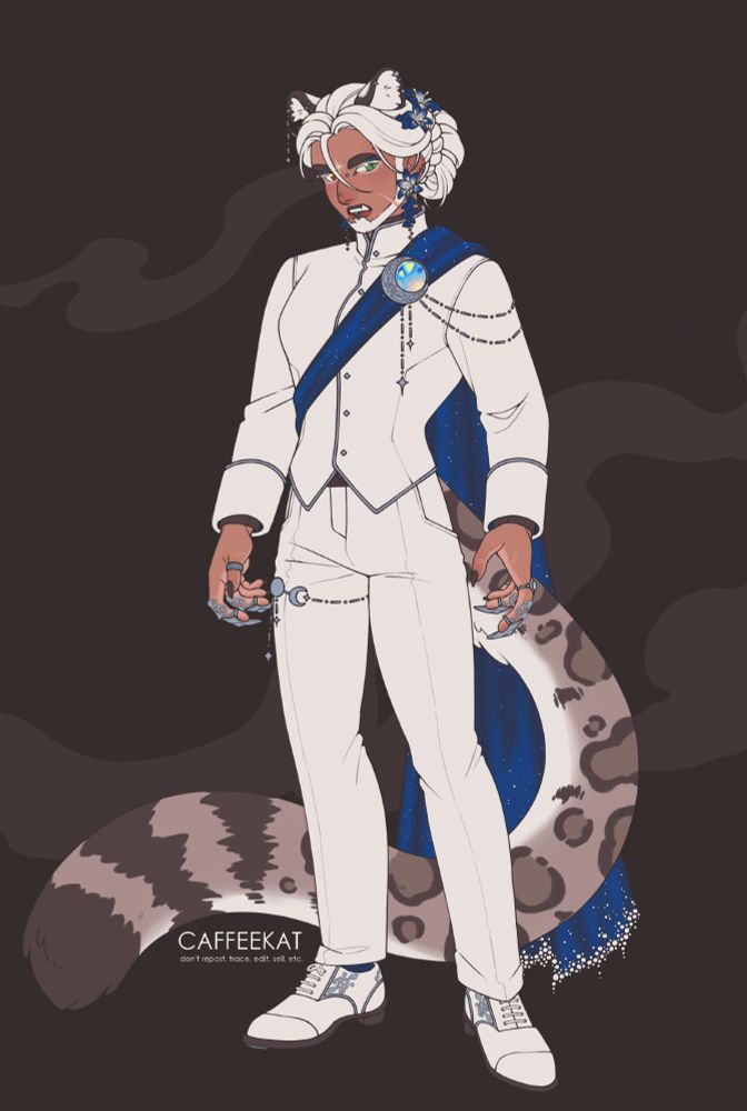 Digital fullbody illustration of my oc Astrophel, showing his Sundance outfit.
Phel is a tall and muscular man with tan skin and snow leopard features, such as an extra pair of ears and a big fluffy tail. His outfit is moon themed and consists of a plain suit, dress pants and dress shoes all in pure white with very delicate silver details, the biggest splash of color being a deep blue velvet sash that turns into a cape with a lot of little sparkly details meant to make it look like he’s just wearing a piece of the night sky. Attached to it there’s a big crescent moon silver brooch with a moonstone in the middle. His long white hair is tied up in a bun with a braid around it, blue stargazer lilies are tucked into it. The same flowers appear on his earrings. On his hands Phel has many rings and nail guards on his pointing and middle fingers, all in silver.