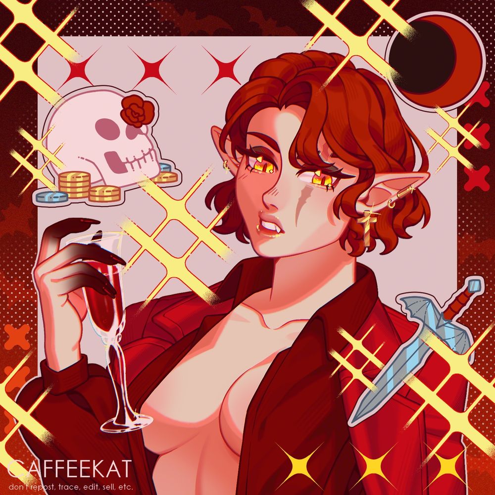 Digital bust illustration of Carmilla, @/hanny-b-art oc. She is a vampire woman with pale skin, short curly red hair tucked behind her ears and yellow eyes with slit red pupils, over her left eye there is a long scar that cuts through her eyebrow to her cheek. She is using black and red eyeshadow and a few golden earrings on her long pointy ears, her nails are very long and sharp. She is wearing a dark red button up with bell sleeves, it's open and shows a lot of her chest, and a vibrant red suit jacket over her shoulders. She's on a dark red background, looking down at the viewer with a bothered expression, brows furrowed, a peek of her fangs can be seen. On her right hands she holds a tall wine glass with a red liquid that is certainly not blood, it contrasts well with the blackened tips of her fingers. Around her are sparkles, a skull surrounded by gold and silver coins with a rose in one of the eye sockets, her dagger and a blood moon that look like stickers plaster into the illustration.