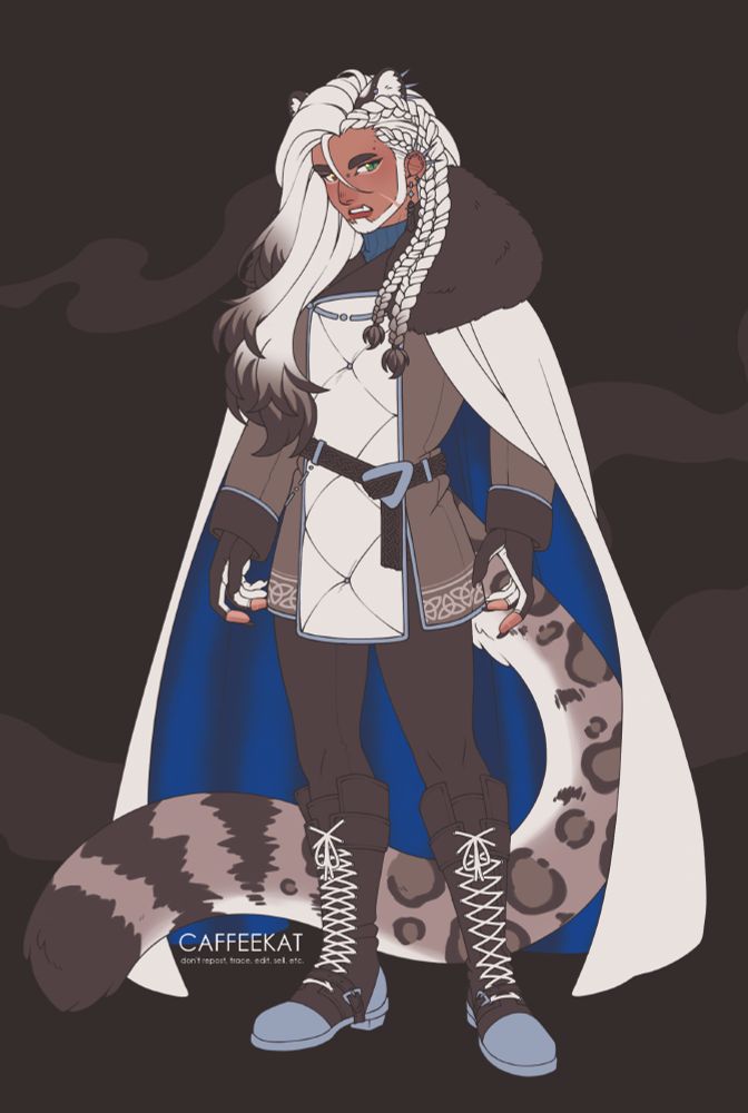 Digital fullbody illustration of my oc, Astrophel, showing him in his Frost/winter outfit. He's a tall and muscular man with tan skin with facial markings and thick eyebrows, his white hair with black tips is very long, most of it is left loose while two braids adorn his left side. He has slit pupils and heterochromia, his right eye is hazel and his left is green. Some snow leopard features can be seen, such as a pair of ears and a long fluffy tail. He has a under bite, many silver piercings, sharp claws, chin strap beard with goatee, multiple moles and scars around his body. His clothes consist of a dark blue turtleneck sweater under a dark gray tunic divided in three parts, the middle being white in color, with silver and black details. On his waist there's a black belt with a intricate braided design and silver buckles. He wears black pants and black silver toed combat boots, black fingerless gloves and a thigh pouch. On his shoulders rests a long and thick white cape with a big collar made of black fur, the interior is dark blue velvet.