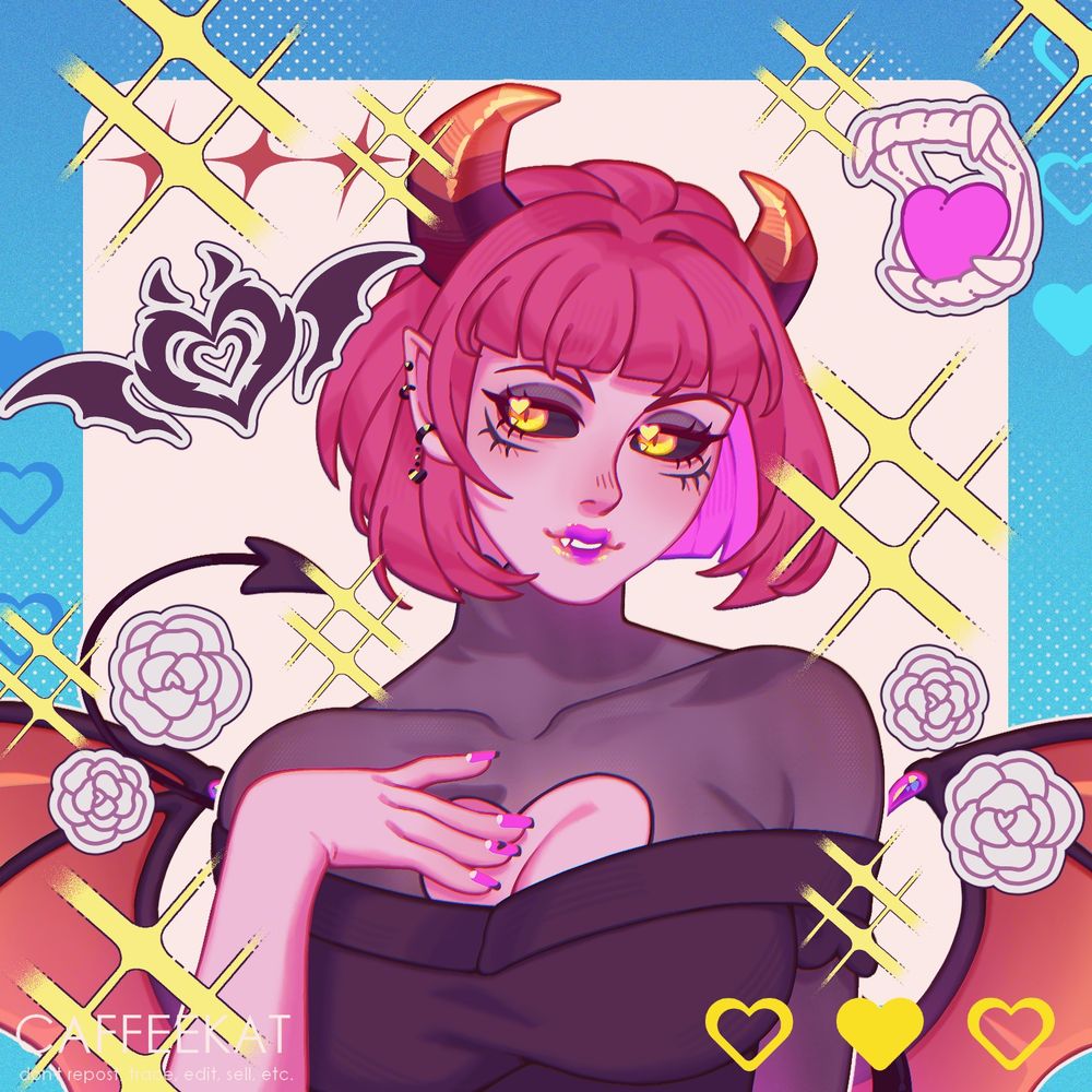 Digital bust illustration of Zuli, @assbread oc. A pink-skinned demoness with yellow eyes with dark sclera and vibrant pink hair, her hair is bob cut with straight bangs and her eyebrows are very sharp. Under her eyes there are markings that almost look like lower lashes, she wears grey eyeshadow and her lipstick is a vibrant pink making a heart shape on her lips. You can see some of her demon traits, such as a pair of bat like wings on her back, a tail that ends in a sharp arrow shape and a pair of triangular horns in her head that curl inwards, they are in orange tones and her left one is smaller. She wears a off shoulder black crop top over a gray sheer turtleneck with a heart shaped boob window. She is on a light blue background and is looking over to the left with her head inclined and her right hand on her chest with a sly inviting smile, showing a peek of her fangs. Around her there are sparkles, a set of fangs with a pink heart inside them, white roses, a tribal y2k styled heart that look like stickers plaster into the illustration.