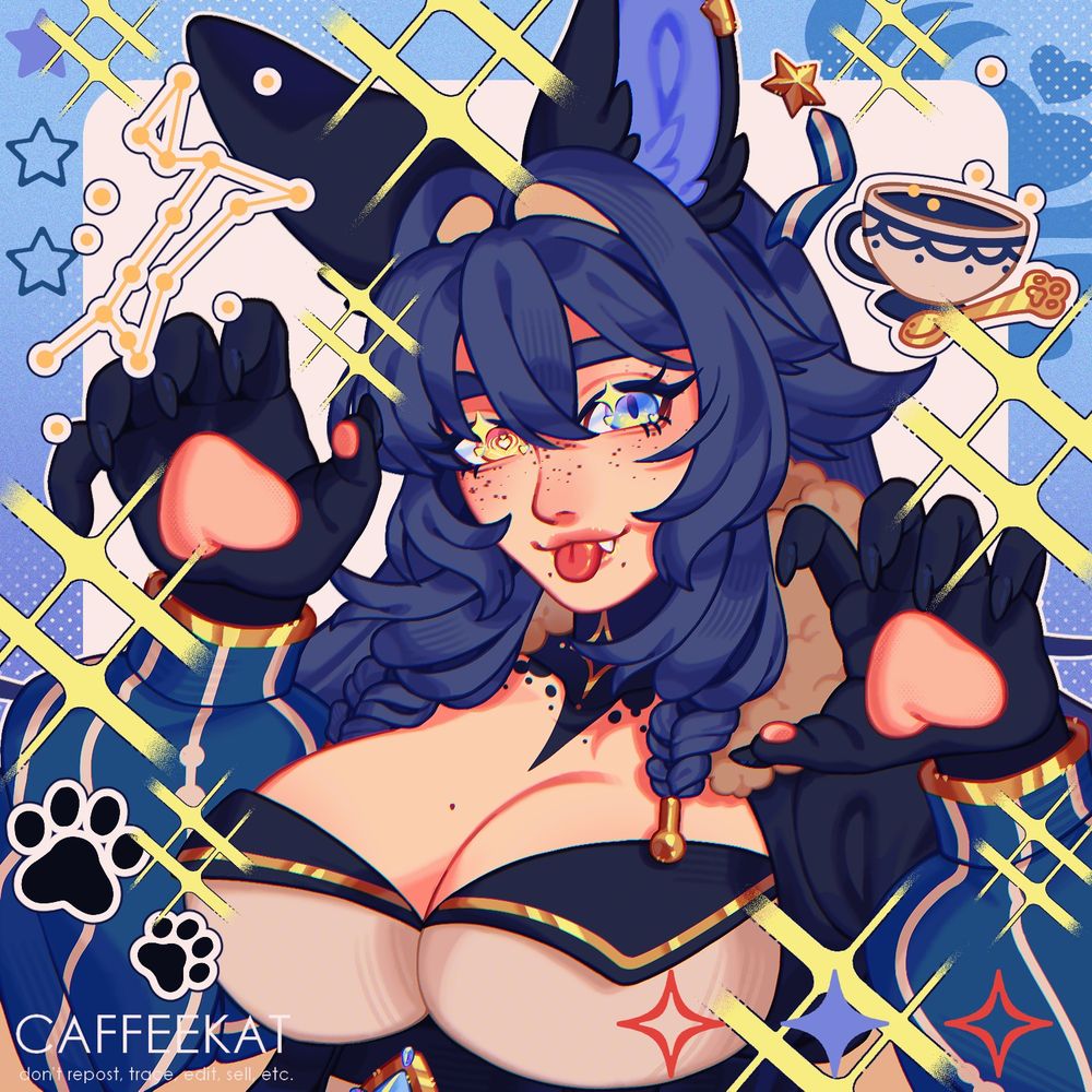 Digital bust illustration of Astra, @astralouve oc. She's a pale skinned wolf woman with freckles and long blue hair with a light yellow underside, most of it is loose but two chuncks of it are braided over her shoulders. Her left eyes is light blue while her right is golden and it has a heart shaped latter art symbol on it. On the top of her head she has a pair of big black wolf ears with a light blue interior, she also has huge black paws with long claws for hands.
She's wearing a black and blue shirt with bells sleeves, it has white lines and dots details as well as gold ones, over a white low cut blouse with black flaps and gold details. On her shoulders there's a short brown fur scarf.
She's on a light blue background, showing her tongue at the viewer while cheerfully making a claw motion with her hands. Around her are sparkles, the canis major constellation, a white tea cup with blue details and paw prints that look like stickers plaster into the illustration.