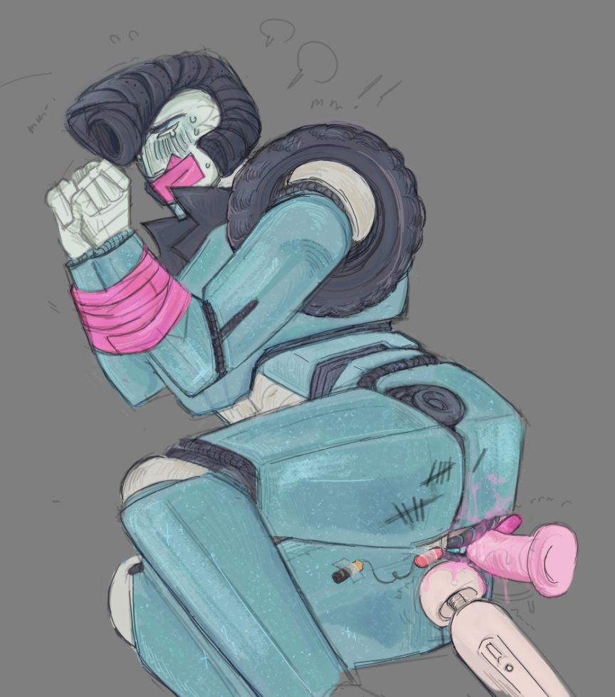 Blindspot is bound with pink tape and laying on his side, with multiple toys stuffed into his valve. There are tally marks on his aft of how many overloads were forced out of him. He is teary eyed. 