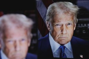 Donald Trump, appearing visibly annoyed, shown alongside a mirrored duplicate of himself in a dimly lit indoor setting.