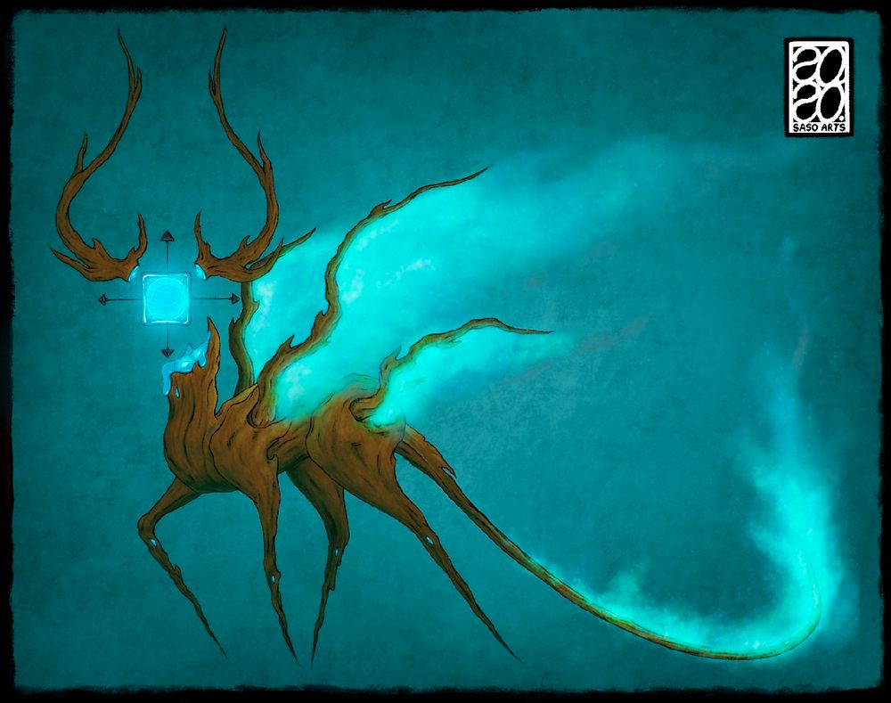 A deerlike creature with two pairs of wings. Its head is a floating cube with an x and y axis jutting from its sides. A blue fog emits from its wings and tail. 