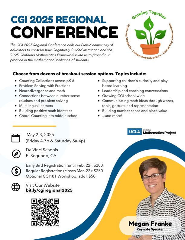 CGI 2025 Regional Conference. Megan Franke - Keynote Speaker. In addition to the Friday afternoon keynote and featured ticketed session, participants will choose from dozens of 75-minute breakout sessions addressing a wide variety of topics for participants with a range of CGI experience. Topics include:
Counting Collections across pK-6

Problem Solving with Fractions

Neurodivergent thinking

Connections between number sense routines and problem solving

Multilingual learners

Building positive math identities

Choral Counting into middle school

Supporting children’s curiosity and play-based learning

Leadership and coaching conversations

Growing CGI school-wide

Communicating math ideas through words, tools, gesture, and representation

Building number sense and place value

...and more!